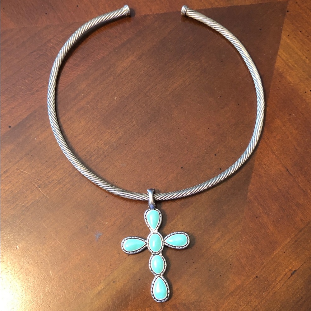 Reversible Turquoise and Black Stone Cross Pendant in chocker